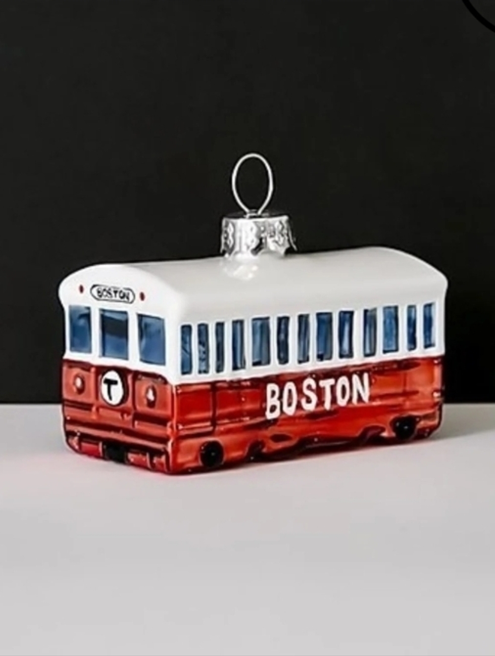 Boston Red Trolley Holiday Ornament - White and Red